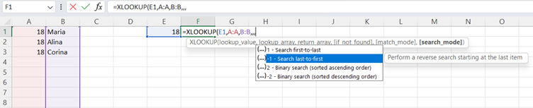 xlookup search last to first